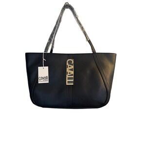 Cavalli Class Sandra Shopper Tote Bag Black Onyx Gold Logo NWT